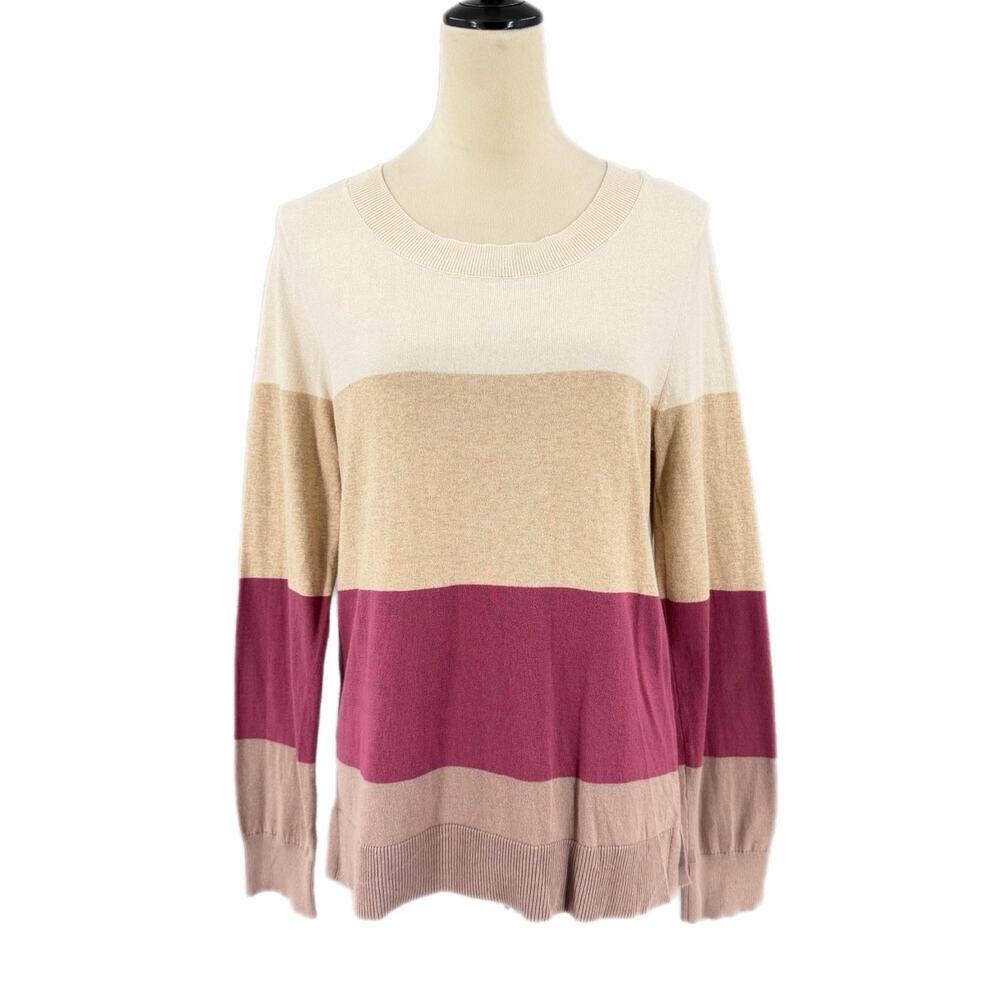 LOFT NEW Cream Red Color Block Stripe Knit Cotton Pullover Lightweight Sweater